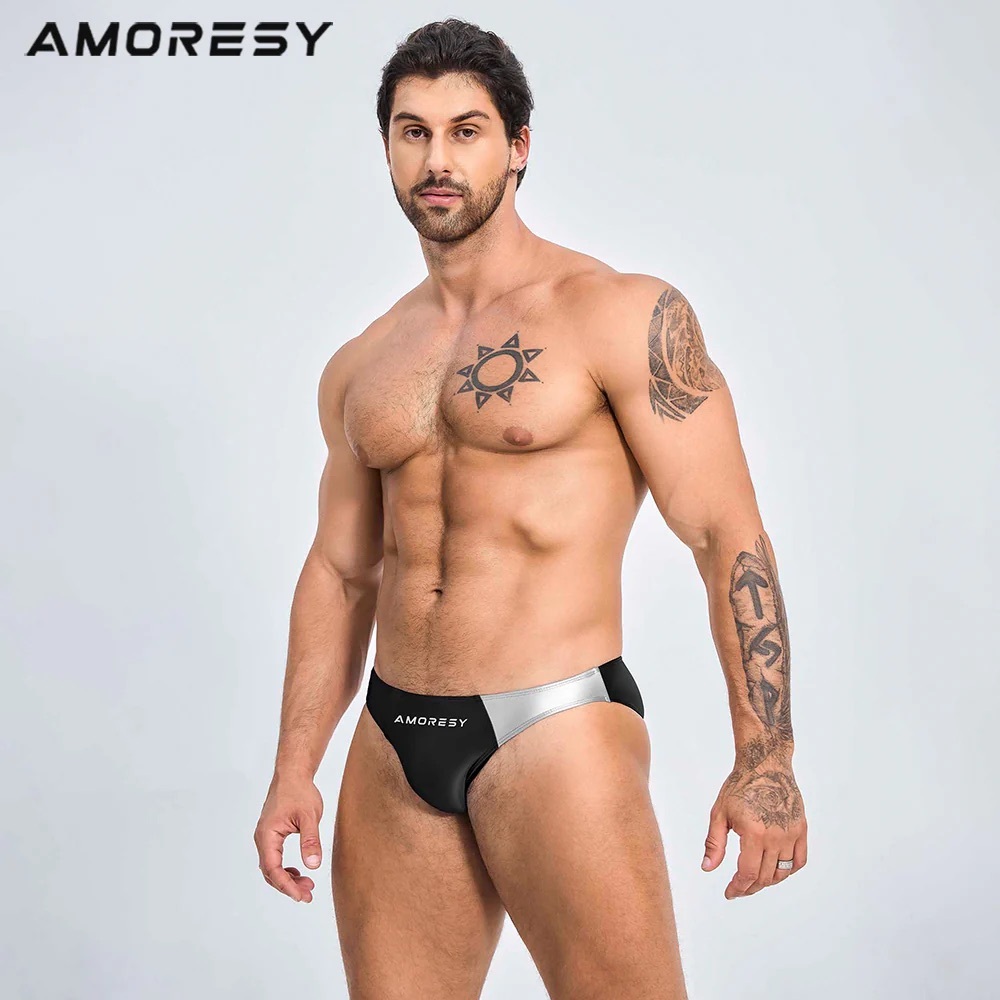 AMORESY Color Block Spandex Men’s Swim Briefs Black/Silver (Asian XL)